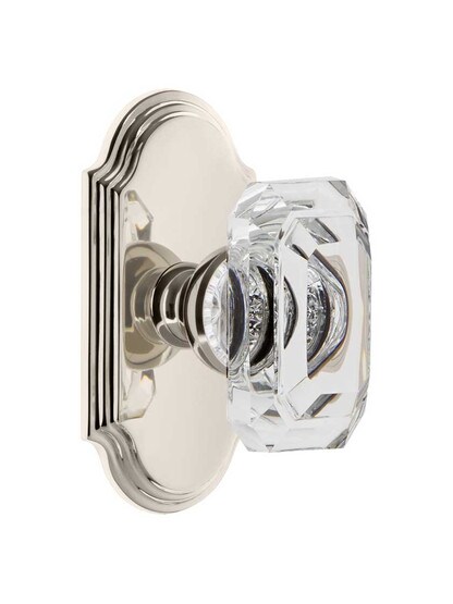 Grandeur Arc Rosette Door Set with Clear Crystal-Glass Baguette Knobs in Polished Nickel.
